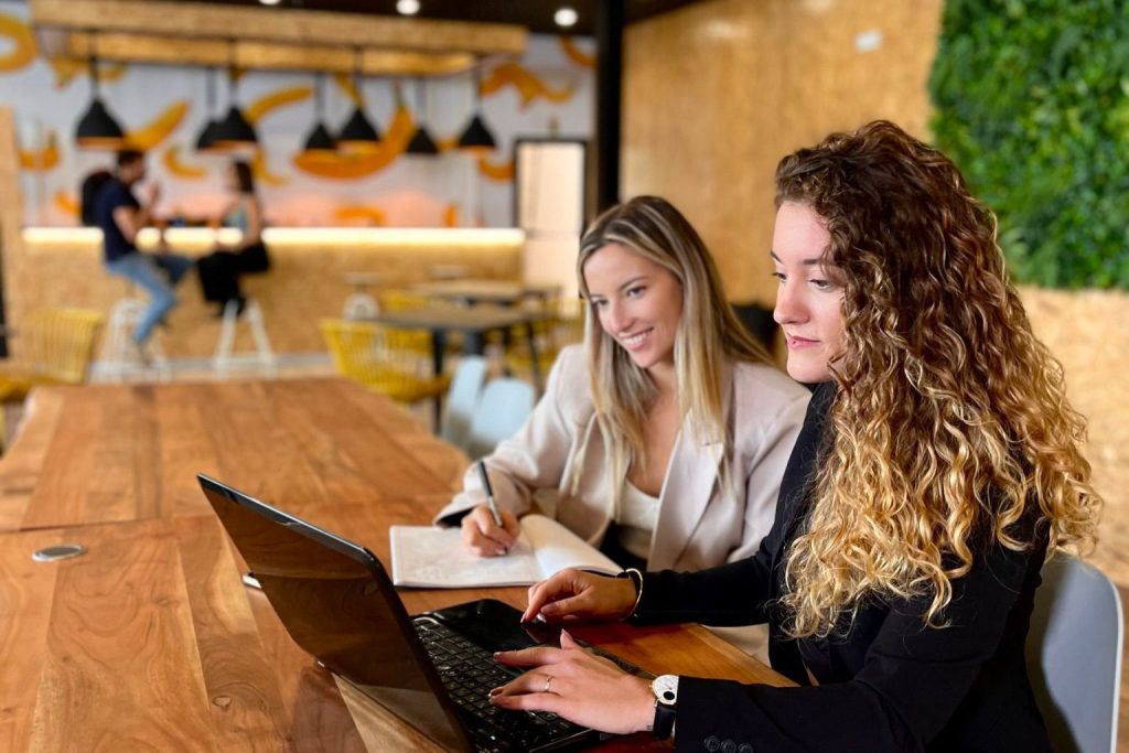 Two members working together on a laptop at a shared table in Sangha Cowork, Funchal